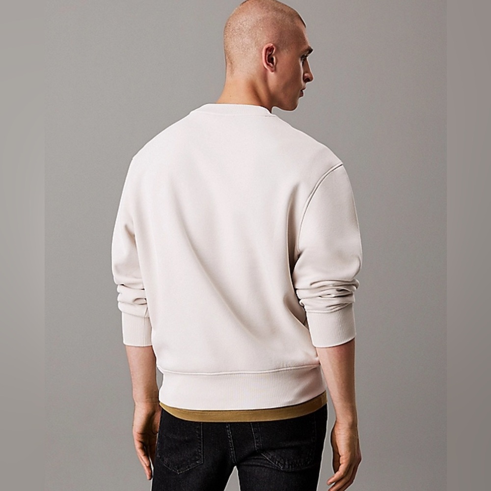 NWT Calvin Klein Logo Embossed Relaxed Crewneck Smooth Cotton Sweatshirt, Bone M